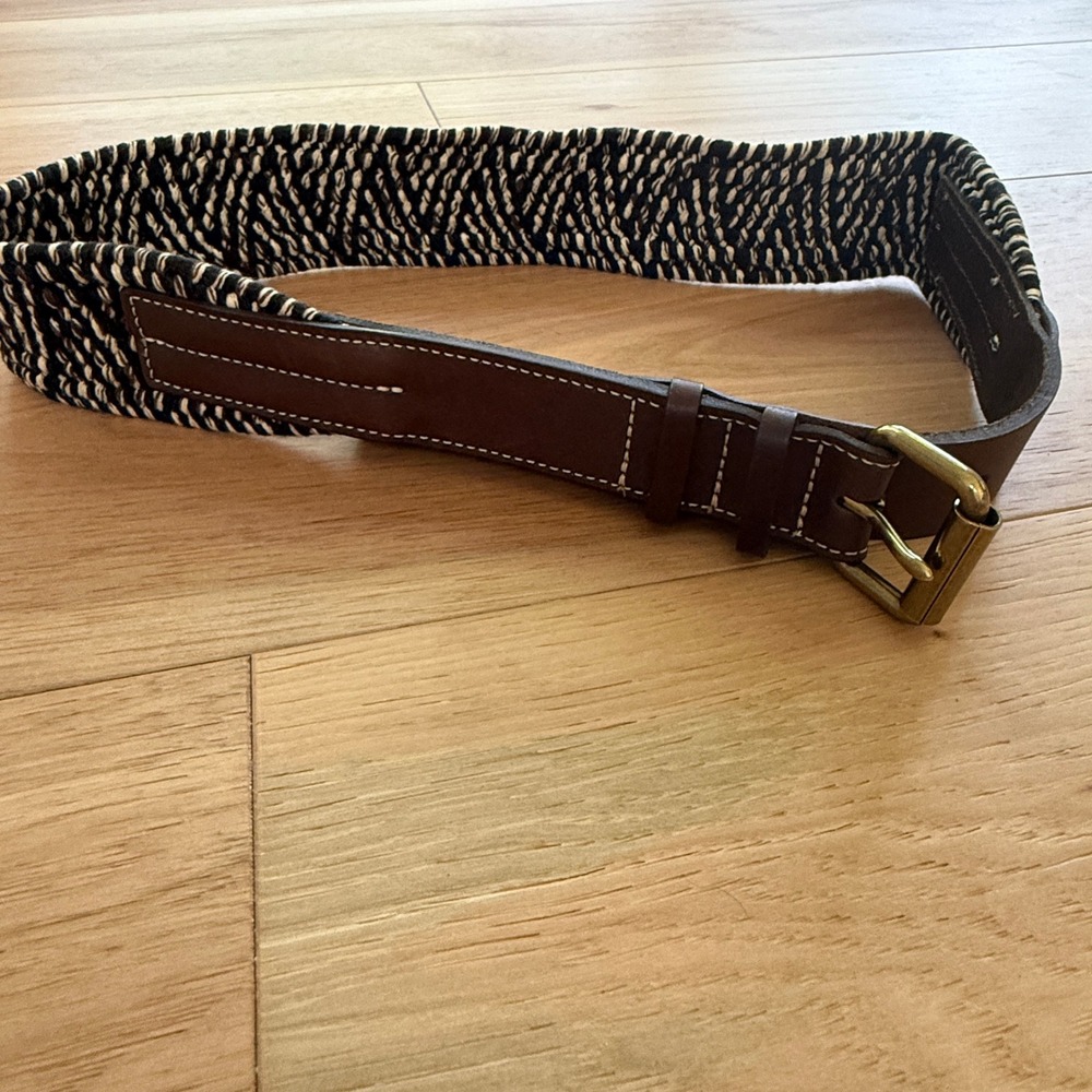 J. Crew Woven Leather Strap Belt Womens S/M Black White Brown 2011 Made in USA